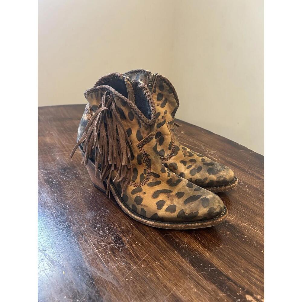 Liberty Black Chita Miel Leopard Print Fringe Leather Side Zip Bootie 7